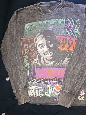 Black Graphic Crewneck Long Sleeve Tee with Multicolor Street Art Print